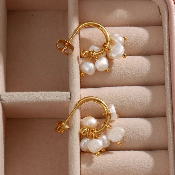 Freshwater Pearl C Hoop 18K Gold Plated Earrings Stainless Steel - Picture 4 of 7